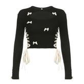 Bowknot long sleeve hollow out lace up contrast top